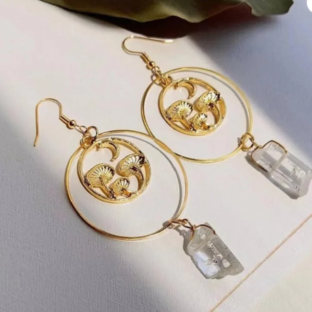 Quartz Crystal & Golden Mushrooms Long Dangle Earrings